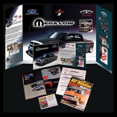 Magazine articles from press kit development, tabletop display design and printing